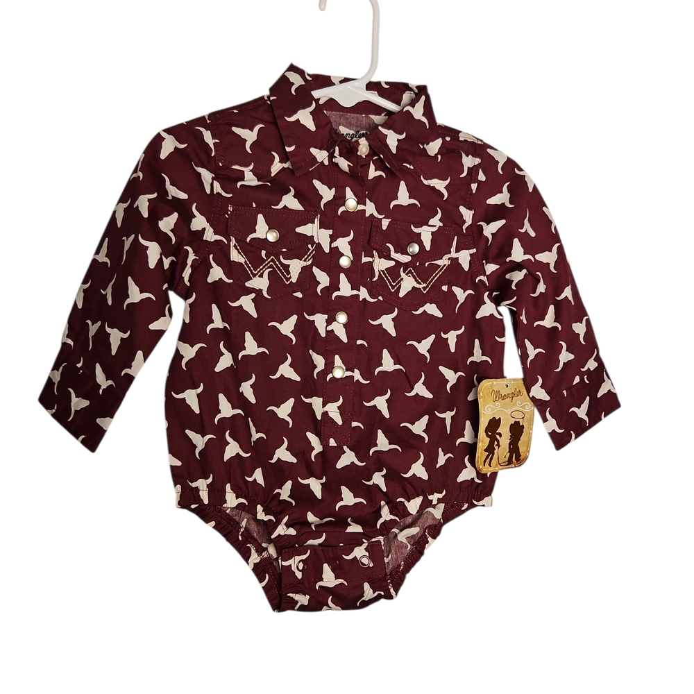 NWT Wrangler Girl Button Down Western Onesie w White Longhorn Design 6 to 9 mos